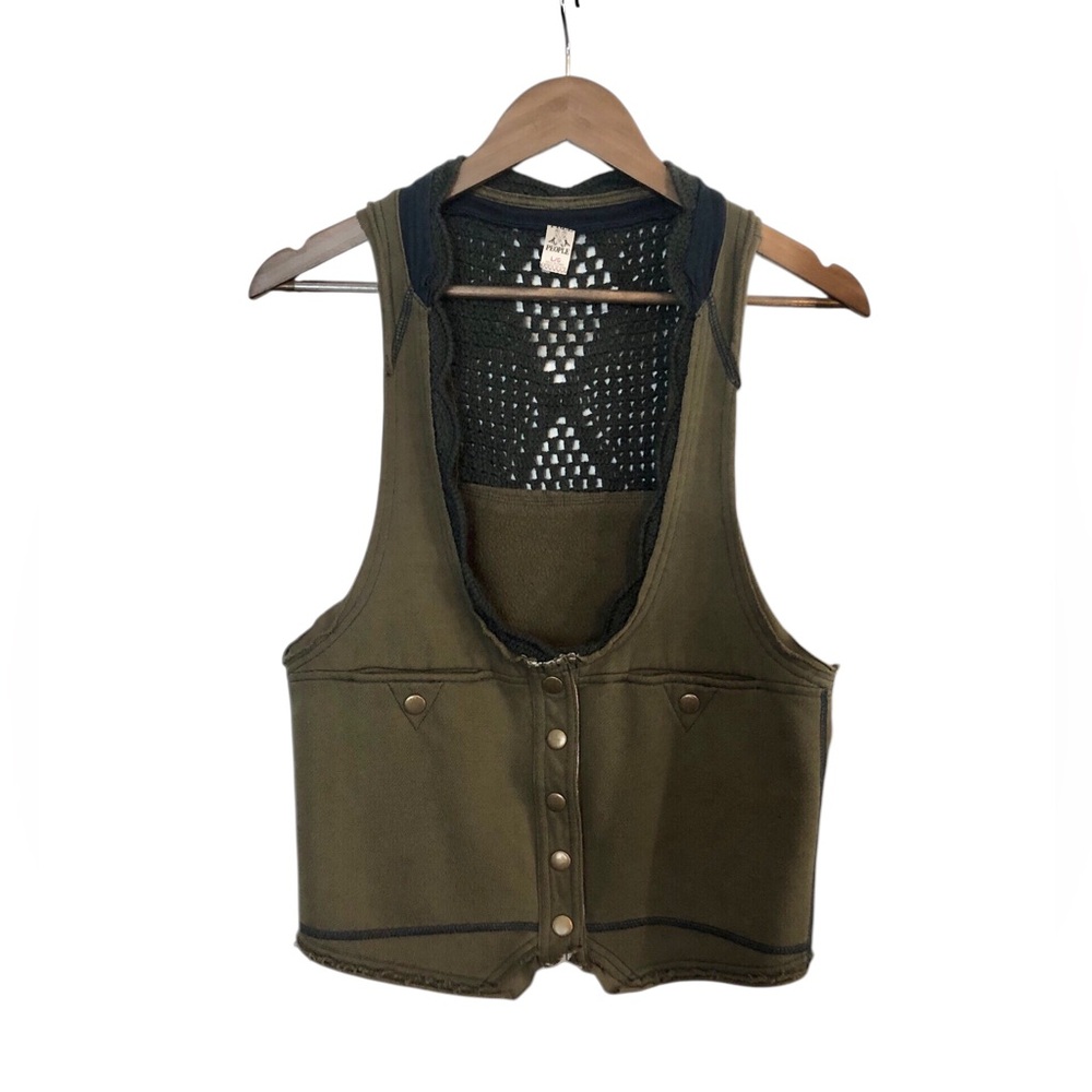 Free People Olive Green Crochet Back Button Up Vest Raw Edge Sleeveless Top Vest